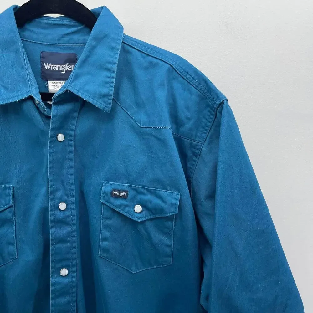 Vintage Wrangler Pearl Snap Western Shirt Mens 2XT Blue Heavy Cotton Brushpopper